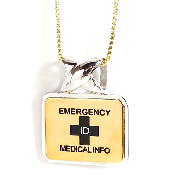 Almost Square Gold and Black Emergency ID medical alert necklace pendant