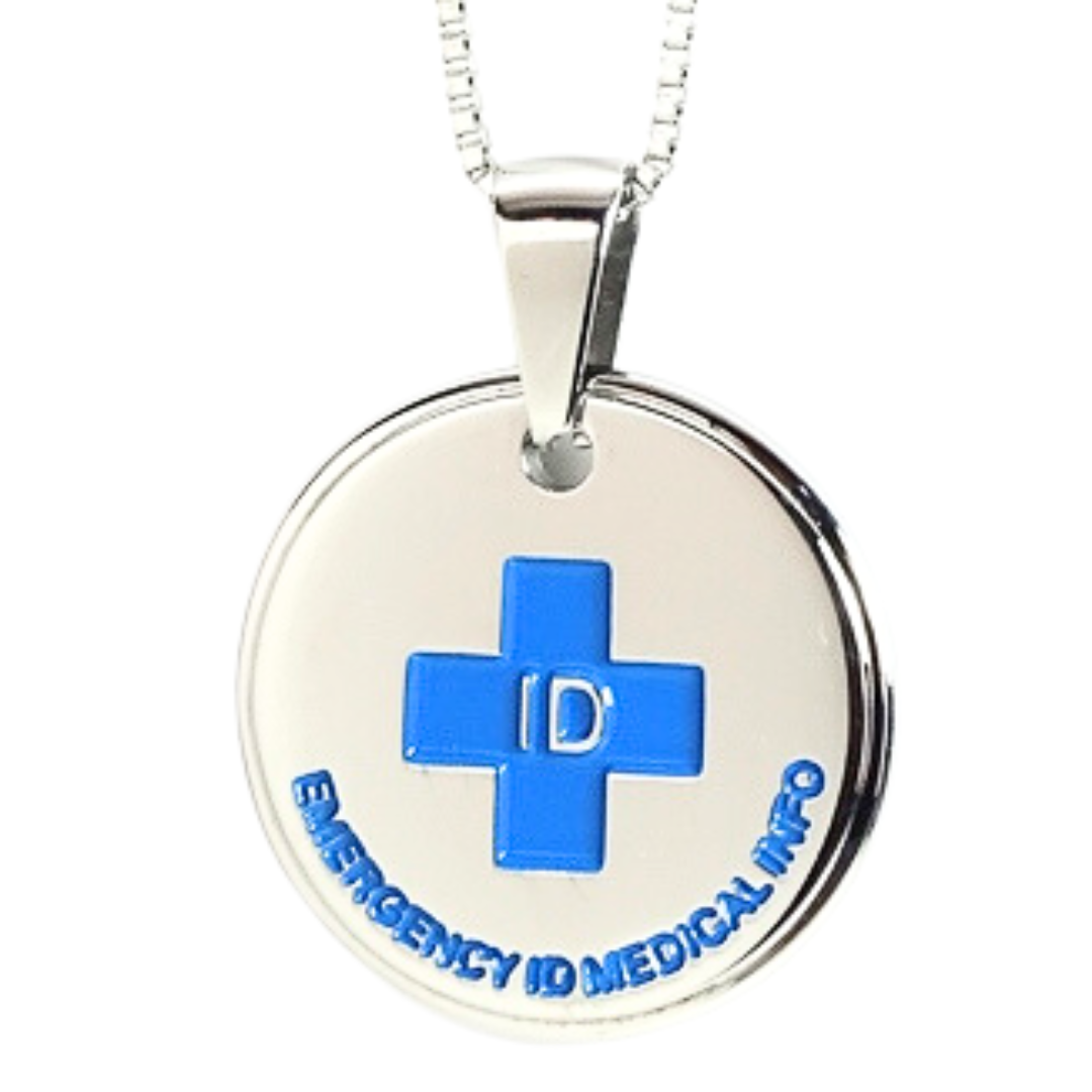 Blue round emergency id medical alert necklace
