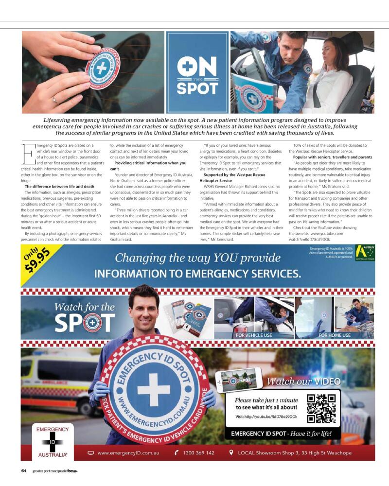 Focus Magazine Newspaper article on the Emergency ID Spot Care information kit