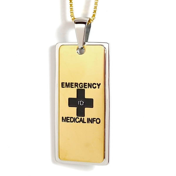Rectangular Gold and Black Emergency ID Australia necklace pendant for medical alerts