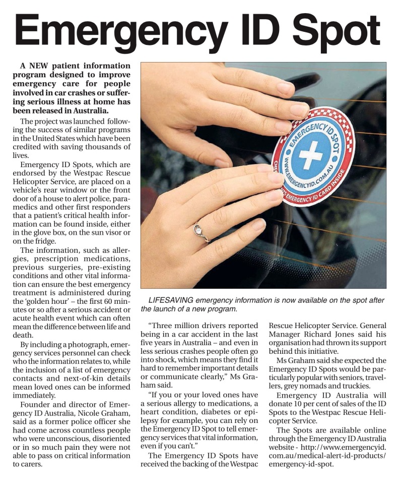 Newspaper article on the Emergency ID Spot Care information kit