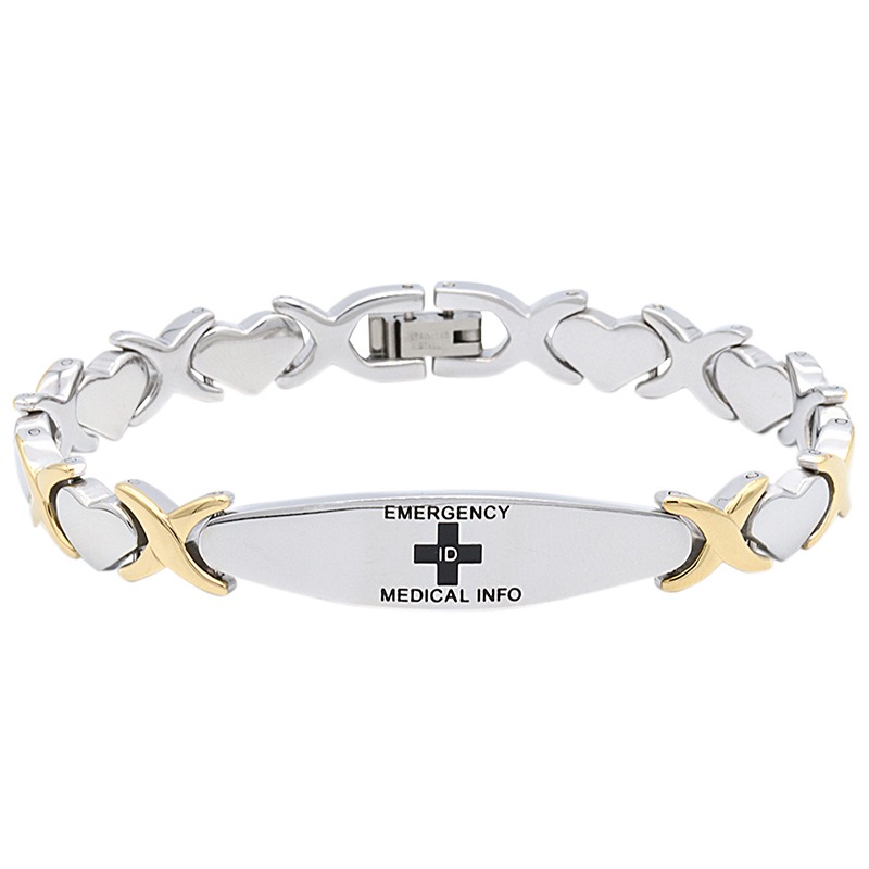 Kindred Style Emergency ID medical alert bracelet - featuring GOLD tone  with mother of pearl & diamonte heart - Emergency ID Australia