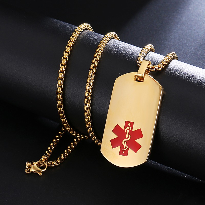Rectangular Gold & Red Life Symbol Necklace Pendant - Emergency ID ...