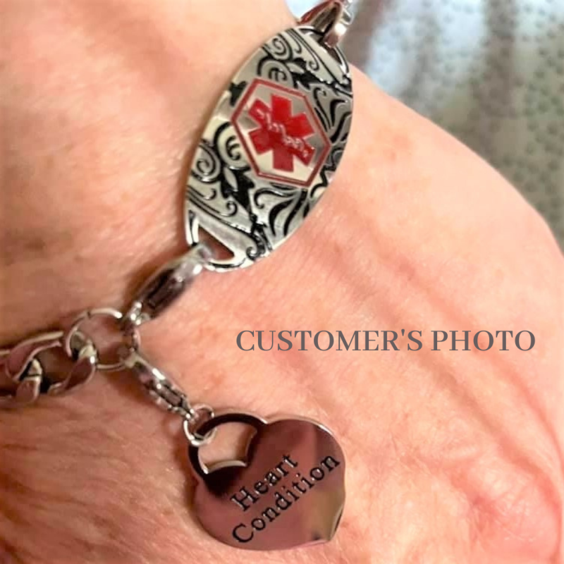 CUSTOMER'S PHOTO Heart Condition Heart Shaped Charm with Cressy Style Emergency ID bracelet medallion