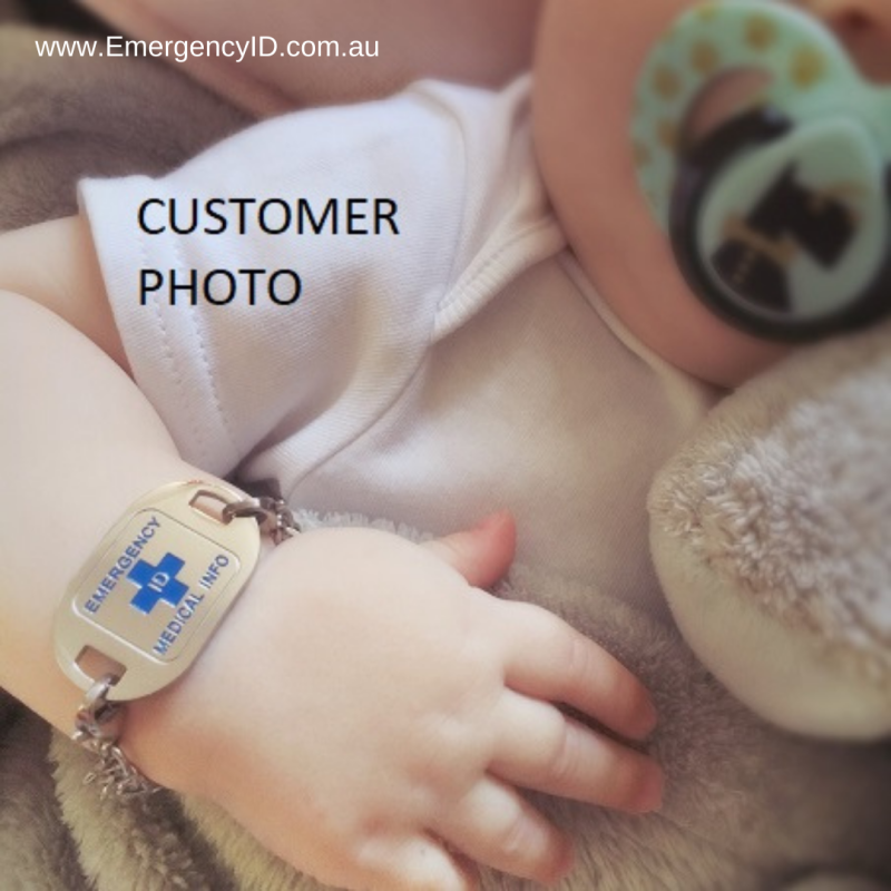 CUSTOMER'S PHOTO Devonport Style medical alert Emergency ID bracelet on baby
