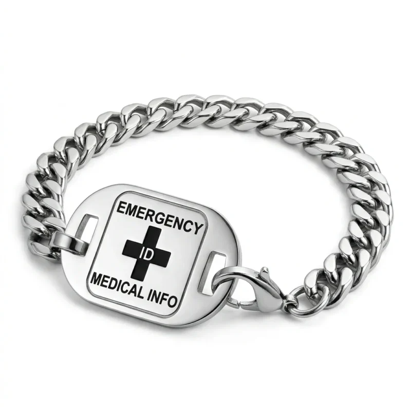 Campbell Town style medical alert ID bracelet with small silver and black square medallion and curb chain