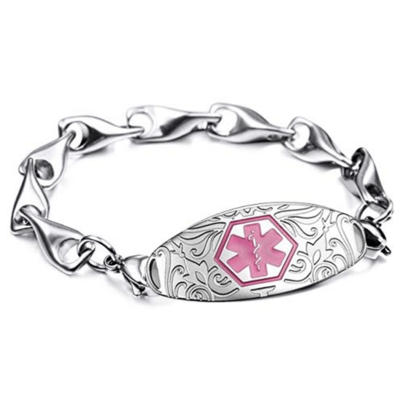 Swansea Style with Pink Emergency ID silver medical alert bracelet with top to tail chain