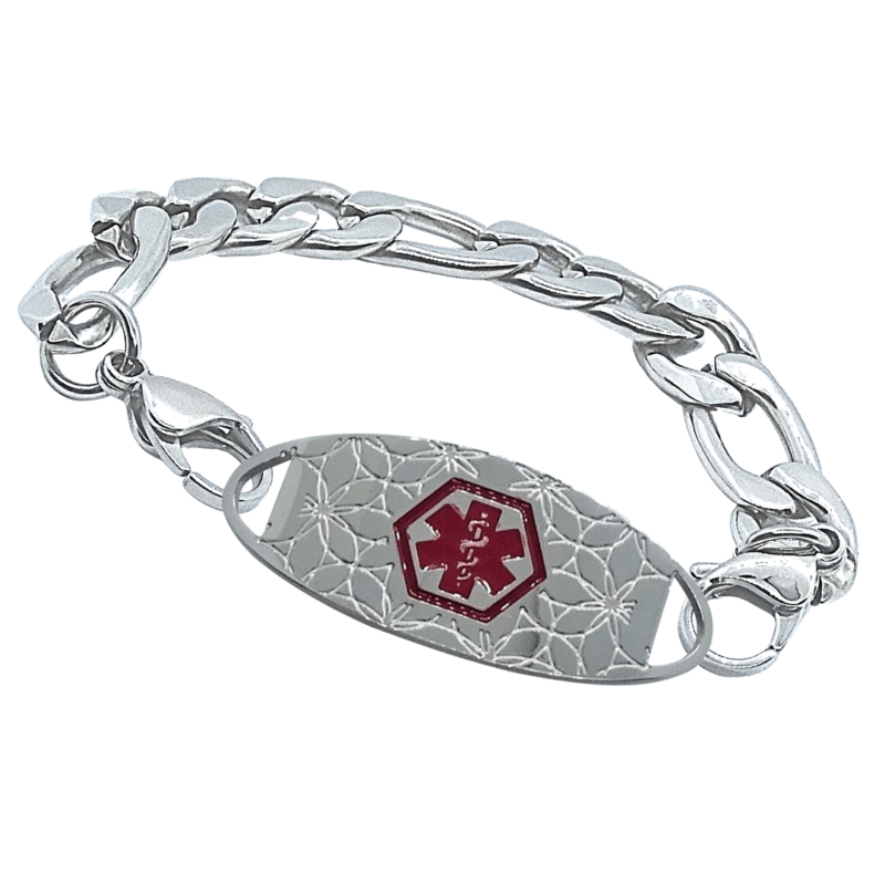 Stanley Style silver & red medallion with silver thick Figaro Bracelet Chain Emergency Id medical alert Australia