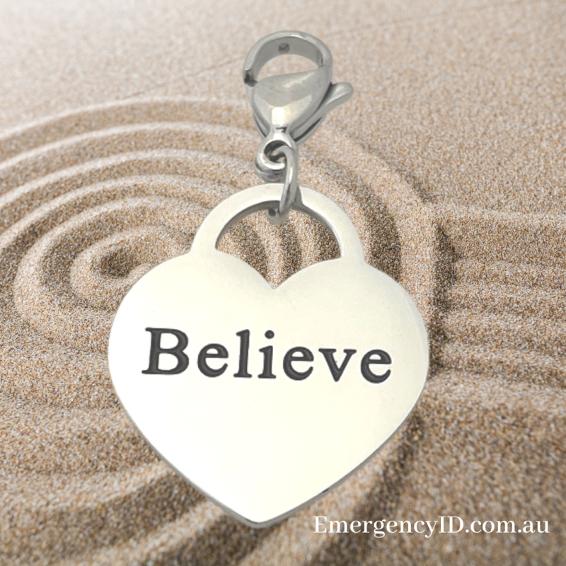 Heart Charm - BELIEVE by Emergency ID Australia