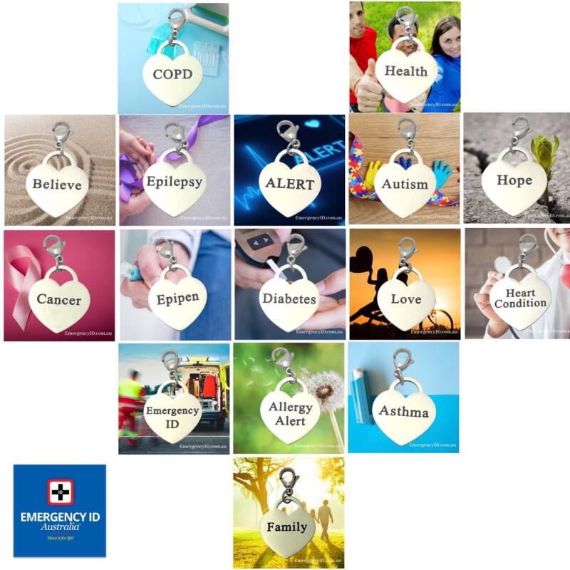 Heart Charm collage for medical alert charms by Emergency ID Australia