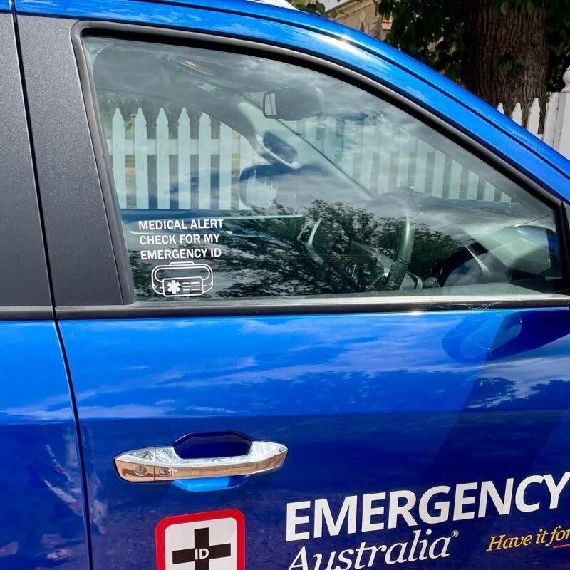Emergency ID Australia decal sticker shown on vehicle for medical alerts