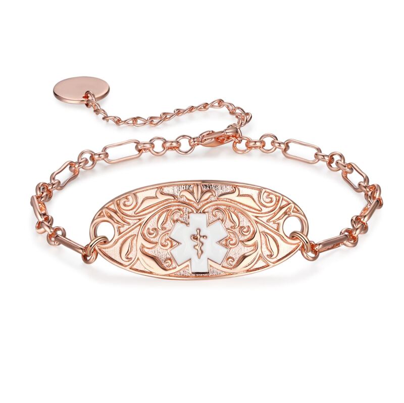 "Taroona Style Australian Medical Alert Bracelets: Elegant Rose gold finish with customizable engraving for conveying crucial health information during emergencies."