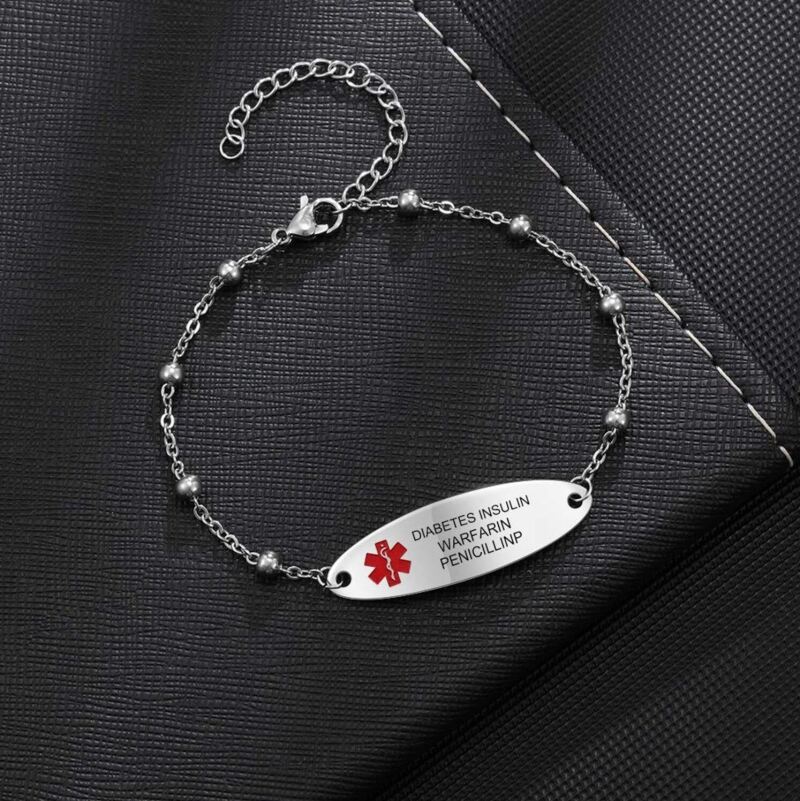 "Flowerport Style life alert bracelet Medical ID: Elegant silver finish with customizable engraving for conveying crucial health information during emergencies."