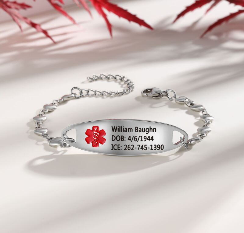 "Neika Style Emergency Medical Alert Bracelet: Elegant Silver finish with customizable engraving for conveying crucial health information during emergencies."