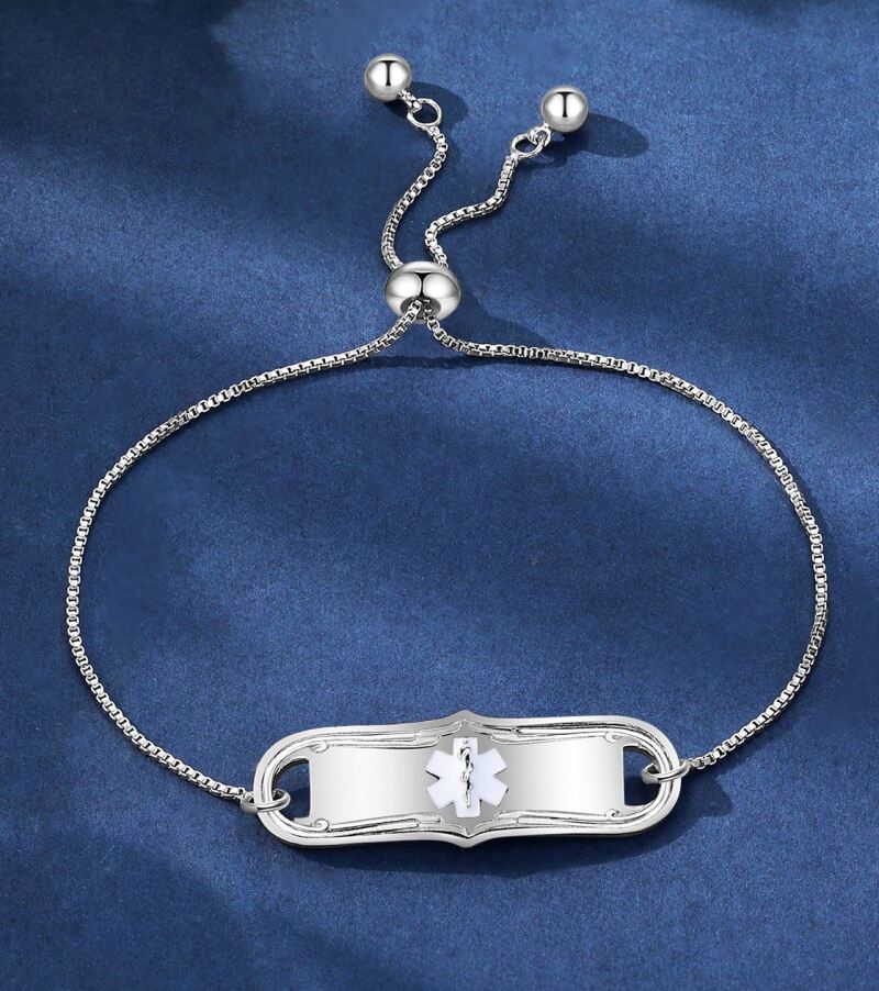 "Dysart Style Health Id Bracelet: Elegant Silver finish with customizable engraving for conveying crucial health information during emergencies."