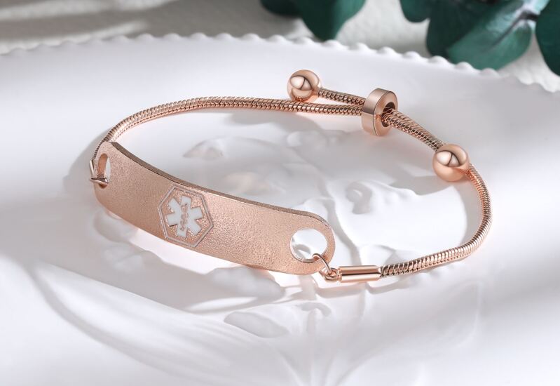 "Beauty Point Style Medical Alert Bracelets: Elegant finish with Rose Gold customizable engraving for conveying crucial health information during emergencies."