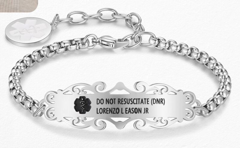 "Rosetta Universal Medical Alert Bracelet: Elegant Silver finish with customizable engraving for conveying crucial health information during emergencies."