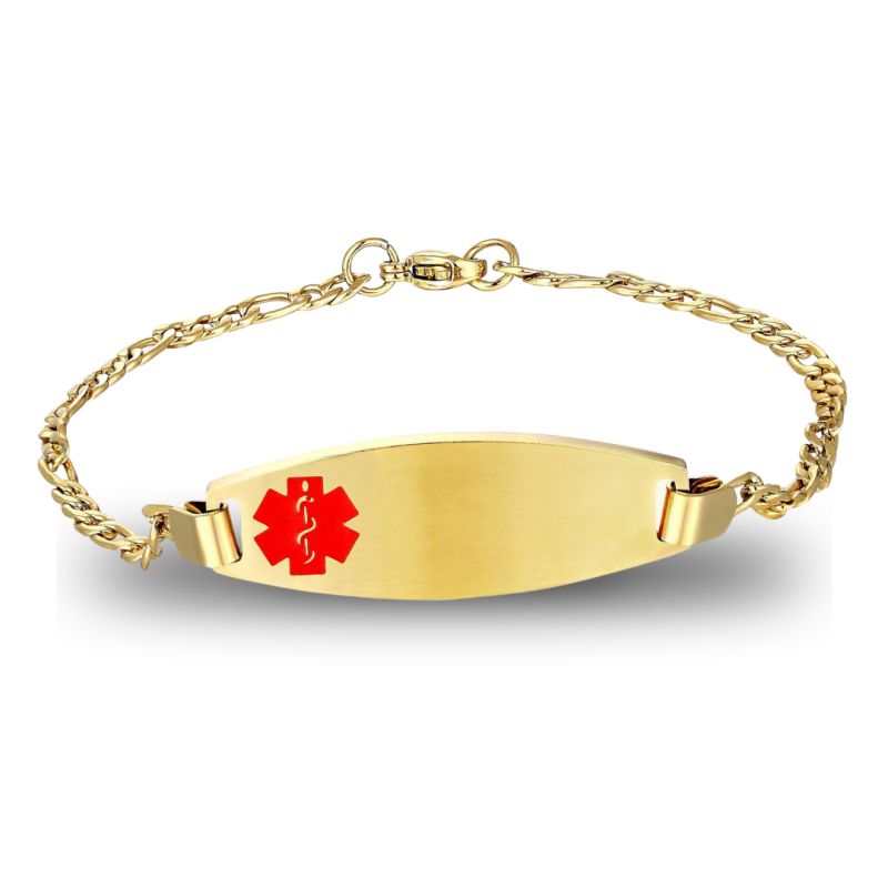 "Gold Apollo Medical Alert Bracelet: Elegant gold finish with customizable engraving for conveying crucial health information during emergencies."